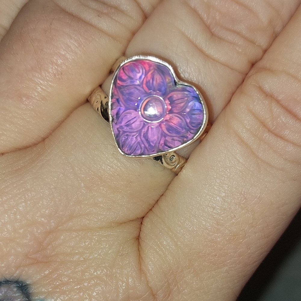 Aurora Opal Carved Heart Shaped Ring Sterling Silver